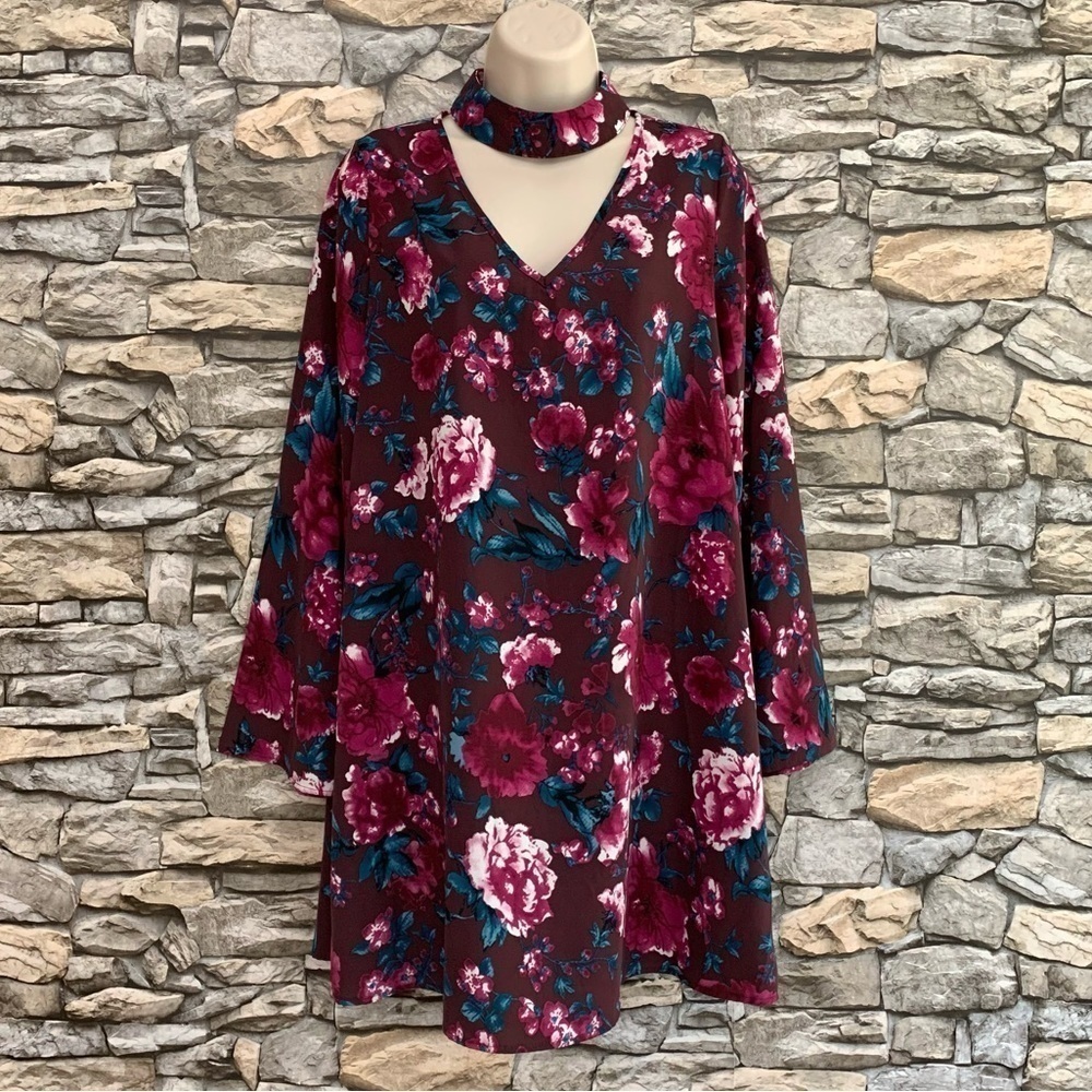 #11 Peach Love California Boho Collar Floral Swing Shift Sheath Dress Small